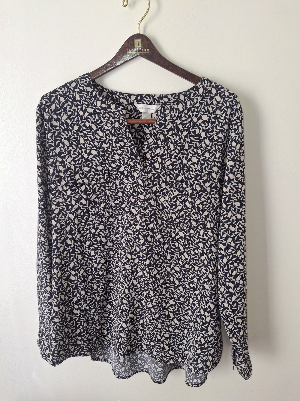 Christopher & Banks Navy and Cream Leaf-Print Long-Sleeve Blouse